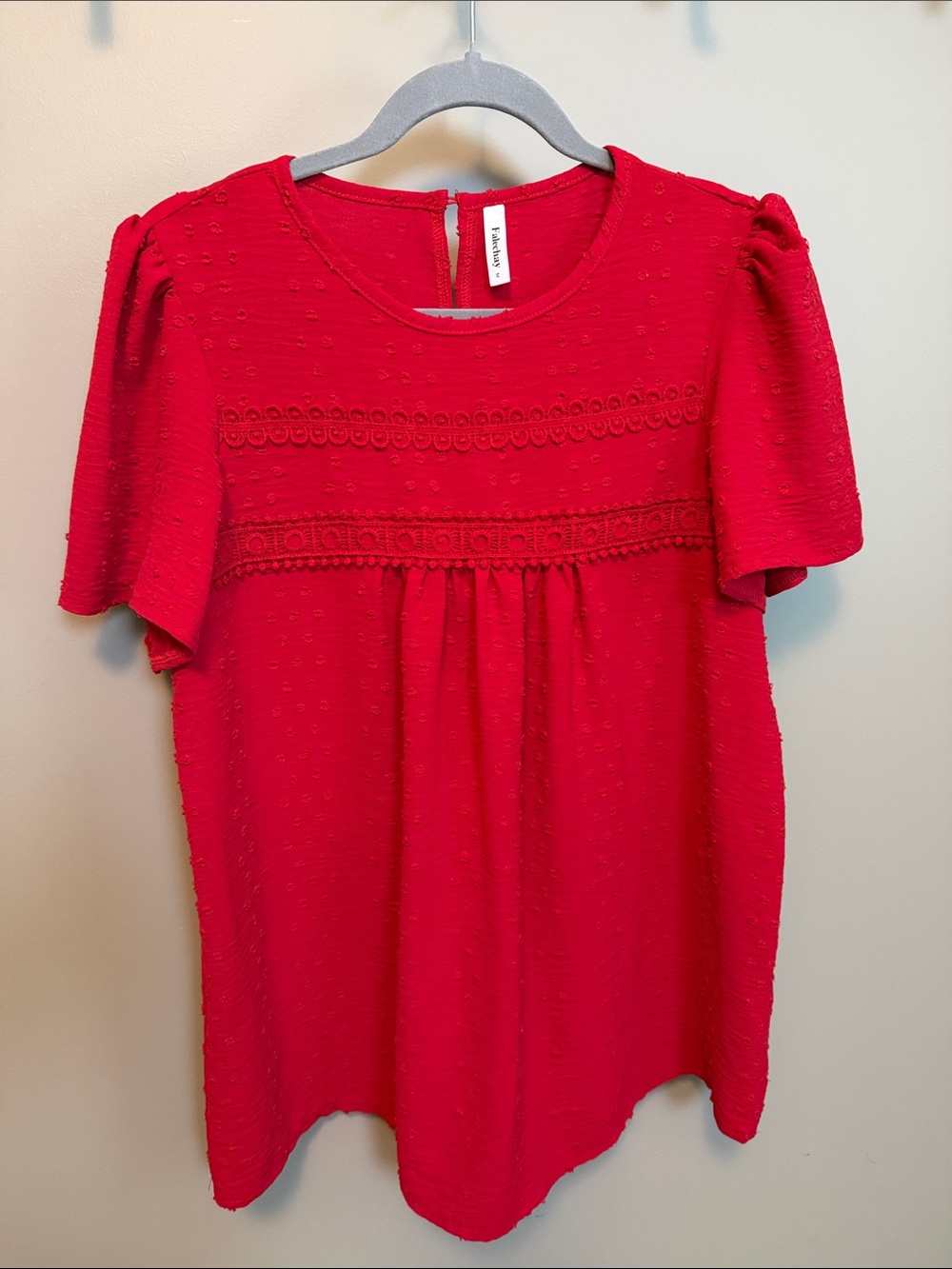 Falechay Women’s Size Medium Bright Red Eyelet Babydoll Short Bell Sleeve Blouse - Picture 3 of 8